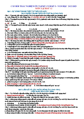 Câu hỏi trắc nghiệm ôn tập kiểm tra cuối kì 1 Lịch sử Lớp 12 - Năm học 2022-2023 (Có đáp án)